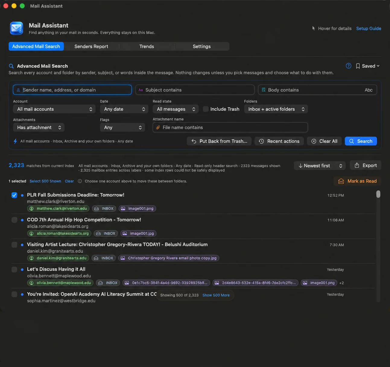 Advanced Mail Search with fields for sender, subject and body, above a list of matching messages.