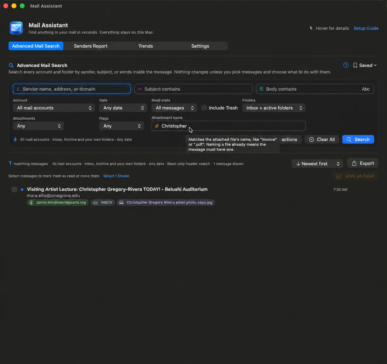 A body-text search showing the matching phrase highlighted inside each result.