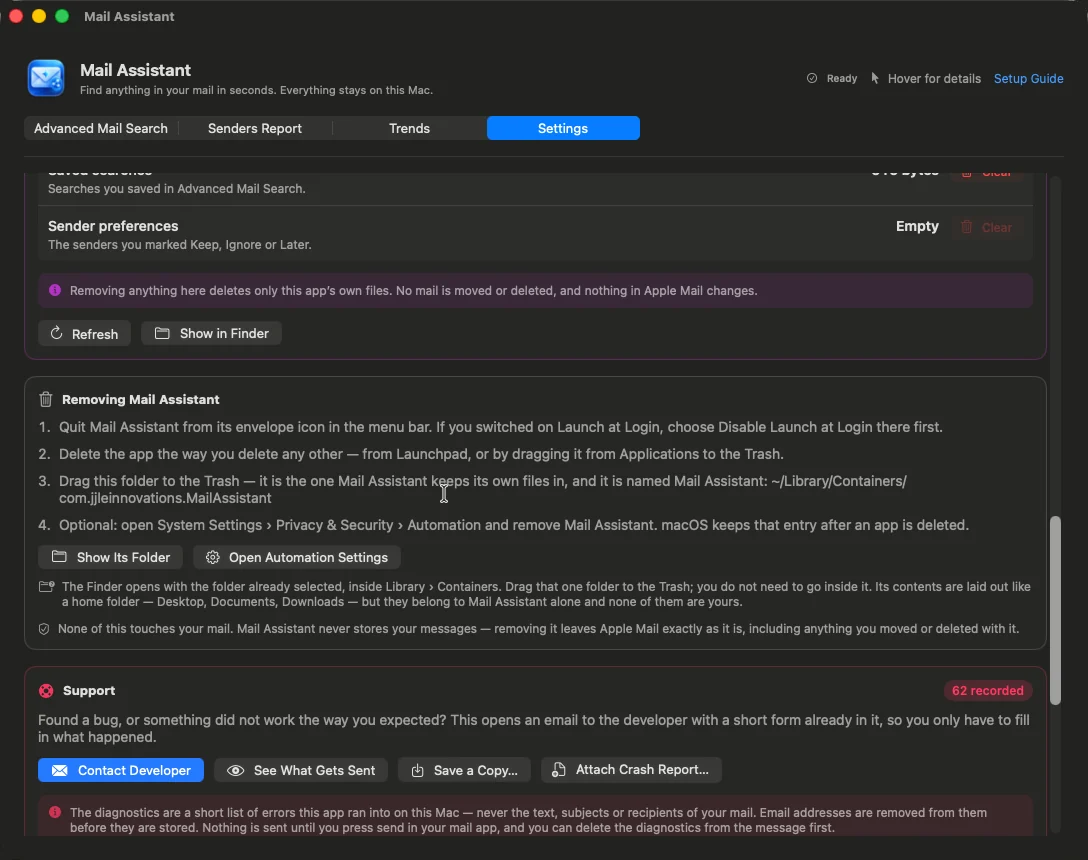 Settings listing the app's own stored data, the steps to remove Mail Assistant, and a Contact Developer button.